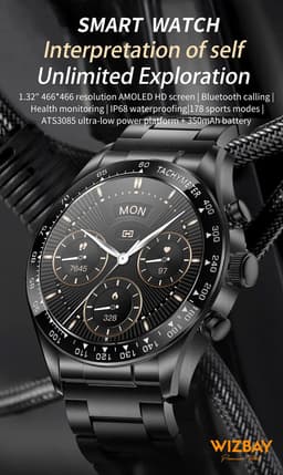 WizBay Premium Select® 1.32-inch AMOLED Smartwatch Dames/Heren – 178 Sportmodi – AI Voice – Bellen – Hartslag en Slaap – O2 – app GloryFitPro – Dual BT5.3 – 350mAh – Inclusief RVS en Siliconen Band Zwart — thumbnail 3