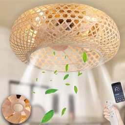 Bamboe Lampenkap Plafondventilator met Verlichting en Afstandsbediening - Stil Plafondlicht met 6 Snelheden en Omkeerbare Rotatie - Rieten Hanglamp voor Slaapkamer, Woonkamer en Keuken — thumbnail 2