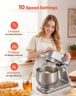 Keukenmachine - Staande Mixer - Vermogen 1800 W - RVS Mengkom 7,4 L - 10 Snelheden - Kantelbare Kop - Inclusief Deeghaak, Garde en Klopper — thumbnail 2