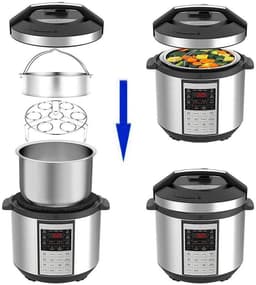 Driedelige accessoire set voor snelkookpan, inclusief roestvrijstalen stoommandje, eierstoommandje en stoomrekje. — thumbnail 4