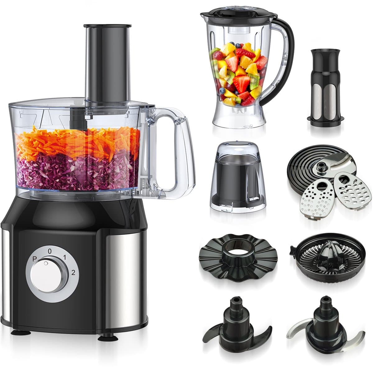 Royal Swiss® Foodprocessor 5-in-1 – 550W – Keukenmachine met Blender, Hakmolen, Citruspers & Snij-/Raspbladen – 2 Snelheden + Pulse – Black Edition — afbeelding 1