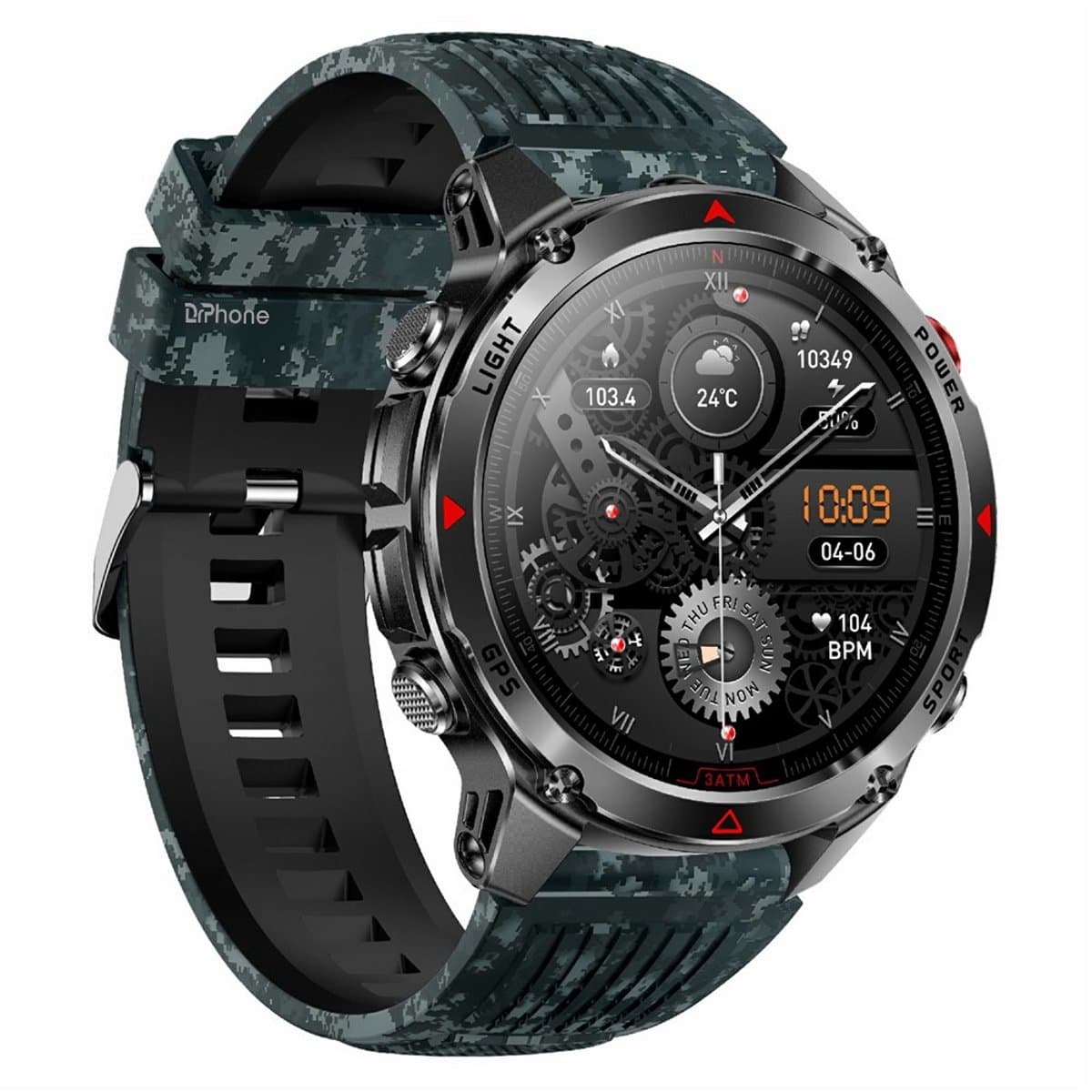 DrPhone ChronaX Titan GPS Smartwatch – Bluetooth Bellen – 3ATM Waterdicht – Hartslag/Slaap/Bloedzuurstof metingen – 1.46' HD – Heren Dames - Led licht - Nederlands App + Horloge taal - Camouflage — afbeelding 1