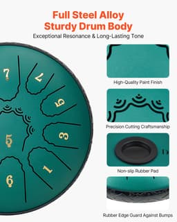 VEVOR Tongue Drum, 165 mm, 11-Tonige Rain Drum, D-Majeur Muziekdrums met Muziekboek En Mallets, Stalen Tongdrum, Stalen Pan, voor Meditatie, Yoga, Beginners, Muzieklessen, Groen — thumbnail 4