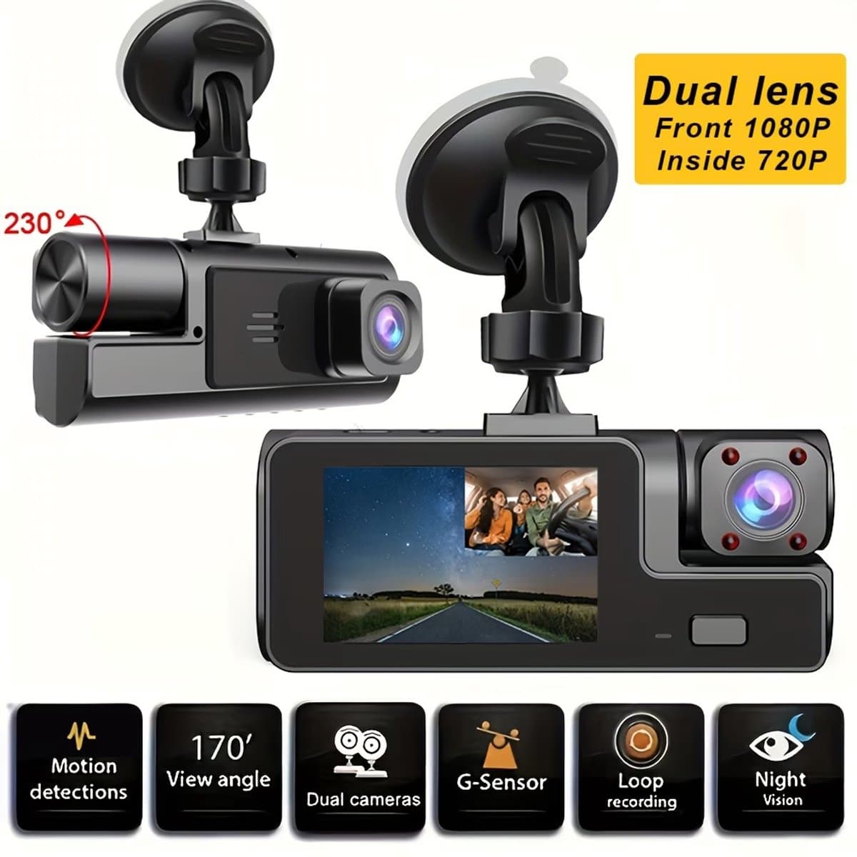 Dual Dashcam 1080P Voor- en 720P Achtercamera – Full HD Auto Camera – Loop Recording – G-Sensor – Nachtzicht – Parkeermodus — afbeelding 1