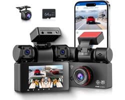 SnelShoppen - 4-kanaals auto dashcam 360° 2K + 1080p voor en achter, WiFi, app, 3-inch scherm, loopopname, nachtzicht, G-sensor, parkeermodus, inclusi