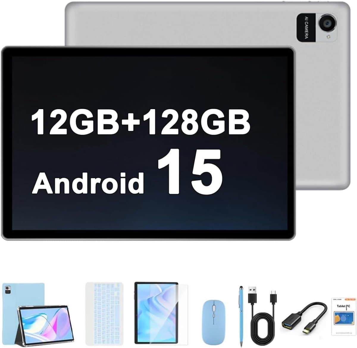 SnelShoppen - 10.1 inch Android 15 Tablet met 12GB RAM, 128GB Opslag, 8000mAh Batterij, 1280 x 800 Touchscreen, 5G Bluetooth/WiFi, Bundel met Case, To — afbeelding 1