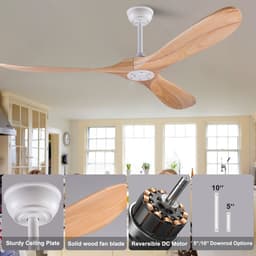 52-Inch Plafondventilator met 3 houten wieken en propellerontwerp - Geheugenfunctie - Afstandsbediening - Natuurlijke houtafwerking - Modern en geschikt voor binnen en buiten - Voor terras, woonkamer en slaapkamer — thumbnail 4