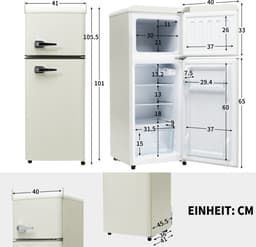 Retro-koelkast – Koel-vriescombinatie, 105,5 cm hoog, 41 cm breed, tweedeurs, 92 liter totaalvolume, 28 liter vriesvolume, deurplateaus en glasplateaus, 116 kWh/jaar, -27°C ~ 13°C, LED-verlichting. — thumbnail 3