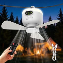 Kampeerventilato - Tentventilator - Draagbare Plafondventilator - Draagbare, Oplaadbare tentventilator met afstandsbediening - Plafondventilator met verlichting - met 3 afneembare ventilatorbladen, timer, 4 snelheden - voor buiten, paviljoen — thumbnail 1