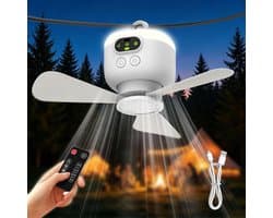 Kampeerventilato - Tentventilator - Draagbare Plafondventilator - Draagbare, Oplaadbare tentventilator met afstandsbediening - Plafondventilator met verlichting - met 3 afneembare ventilatorbladen, timer, 4 snelheden - voor buiten, paviljoen