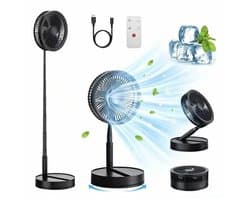 KZQ Draagbare, opvouwbare oscillerende ventilator - Tafelventilator - Staande ventilator - Stil - Vierversnellingsinstelling - 8000 mAh - USB-C - Inclusief afstandsbediening - Geschikt voor Thuis, Kantoor en Buiten - 22 × 22 × 10 cm - Zwart