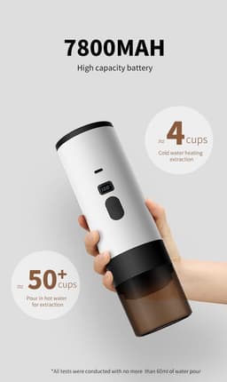 Draagbaar koffiezetapparaat - Elektrisch, met geconcentreerd vermogen - Oplaadbaar via USB-C in de auto - zelfverwarmend - Geschikt voor op kantoor, op reis, tijdens het kamperen en voor kantoorwerk - 7800mAh - Inclusief houder + fluwelen zakje — thumbnail 5