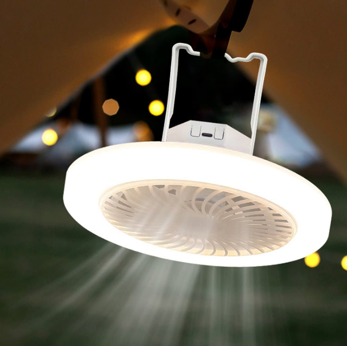 Camping-plafondventilator met verlichting – Campingventilator – LED-campinglamp – Oplaadbaar – Kunststof – Wit — afbeelding 1