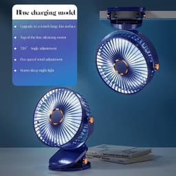 USB-bureauventilator, clipventilator, 5 windsnelheden, 360° draaibaar, draagbare mini-USB-bureauventilator met oplaadbare batterij, geschikt voor thuis, slaapkamer, buitenkamperen, blauw. — thumbnail 4