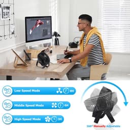 Tafelventilator, USB-ventilator, stil, klein met accu, 3-in-1, tafelventilator, mini-ventilator, 3 snelheden, 360 graden instelbaar, tafelventilator, USB-ventilator voor slaapkamer, kantoor, camping, — thumbnail 4