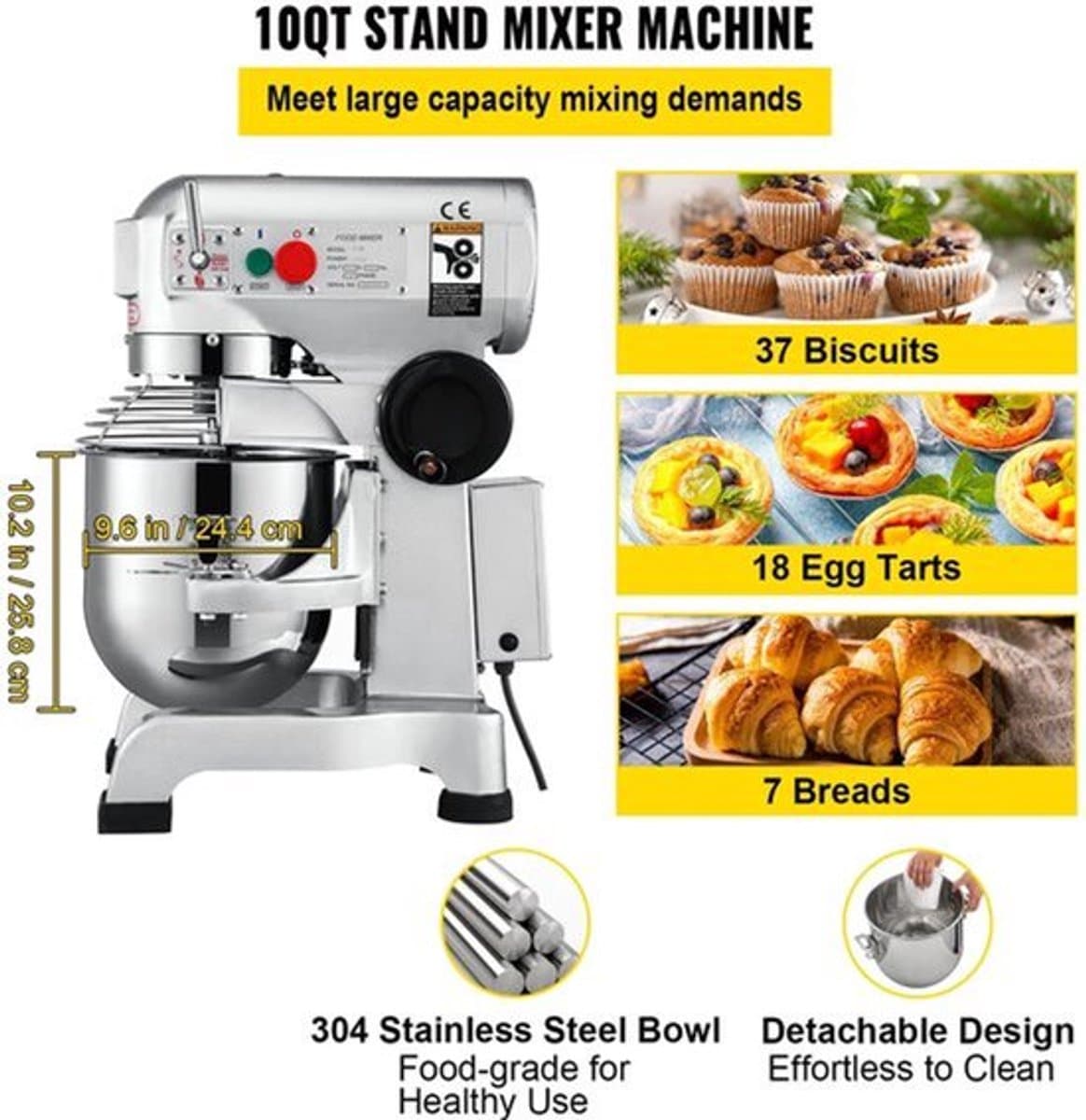 Keukenmixer – Elektrische Mixer – Deegkneder – Mixervoet – 10 Liter Kom – 450 Watt – 3 Snelheden — afbeelding 1
