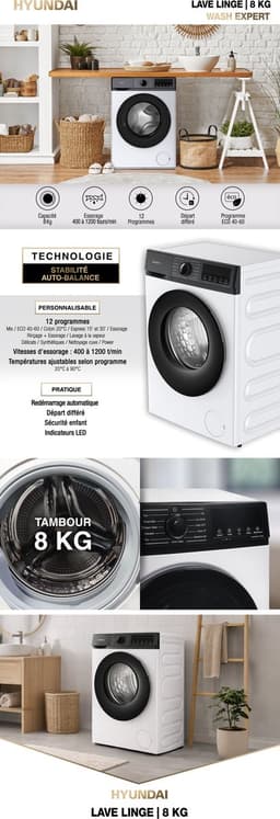 HYUNDAI - Daily Wash Wasmachine - 8 kg - 1200 Toeren - Energieklasse A - 12 Programma’s - Wit — thumbnail 3