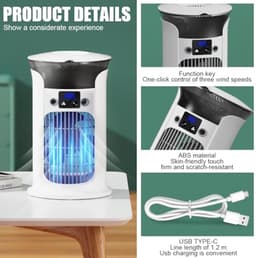 Mobiele Luchtkoeler met Verneveling - 880ml Watertank - 3 Snelheden - 7 Kleuren Nachtlampje - Fluisterstil 20 dB - USB-C Air Cooler - Wit — thumbnail 2