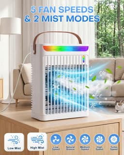 Mobiele Airco - 4-in-1 Luchtkoeler - Draagbare Aircooler met 700ml Reservoir en Verneveling - 5 Snelheden - Timer - Voor Thuis en Kantoor - Wit — thumbnail 3
