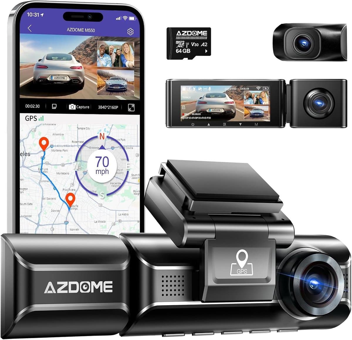 Dashcam voor auto - Zwart - 3,19 inch IPS-scherm - 4K/2,5K met GPS en WiFi - Voor en achter camera's — afbeelding 1