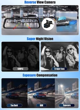Dashcam voor auto - Zwart - 20 x 15 x 10 cm - Spiegel Dashcam met 9,66 inch IPS-touchscreen en Full HD 2K camera - Voor veilig rijden — thumbnail 5