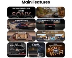 Dashcam – Autocamera – Camerasysteem – Rijveiligheidscamera – 3-Kanaals Dashcam – 4K Ultra HD Sony STARVIS Sensor – 5GHz Wi-Fi & ADAS Veiligheidsmeldingen