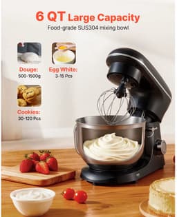 Keukenmachine 6L - Stand Mixer met RVS Mengkom - 6 Snelheden + Pulse - Deeghaak, Garde & Menghaak - Zwart — thumbnail 5