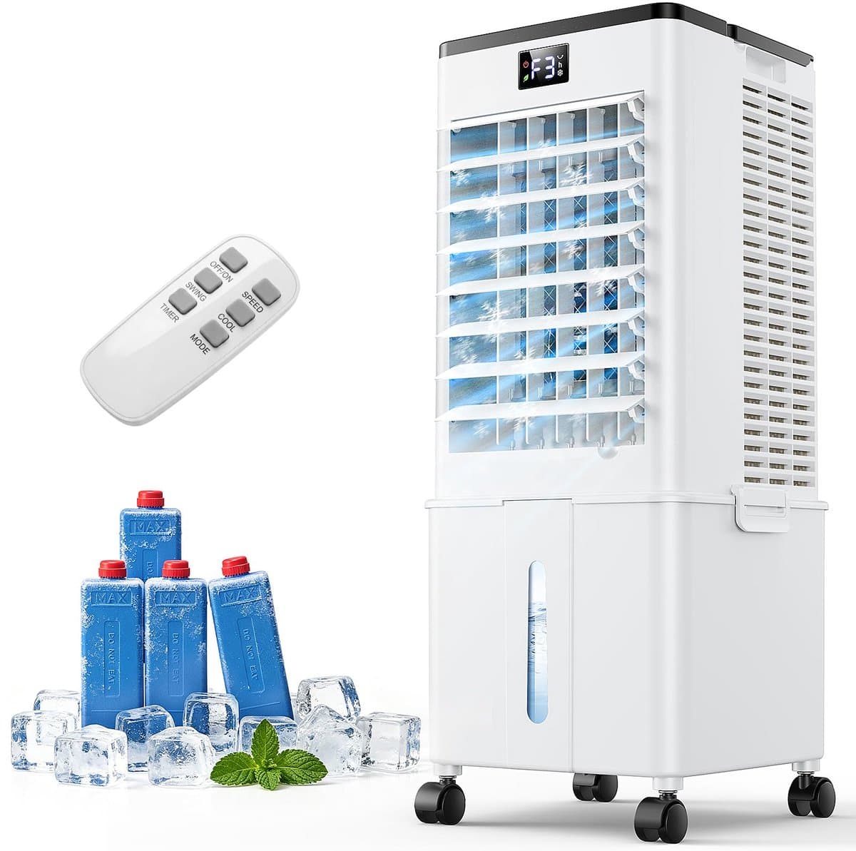 Mobiele Aircooler - 4-in-1 Luchtkoeler - Verdampingskoeler met 10L Watertank - 12 Uur Timer - 4 Modi en 3 Snelheden - Met Wielen en Afstandsbediening - Draagbare Airconditioning voor Woonkamer, Slaapkamer en Kantoor — afbeelding 1