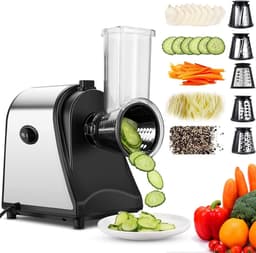 Elektrische Groentesnijder - Keukenrasp Snijmachine - Snel Groenten Snijden - 5 RVS Snij-inzetstukken - 250 W - Zilver Zwart — thumbnail 1