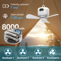 Rosnek Oplaadbare Plafondventilator met Lamp - 8000mAh Campingventilator - Draadloze Tentventilator met Onafhankelijk Nachtlampje & Afstandsbediening - Plafondlampen met ventilator Ø 27cm - Wit — thumbnail 3
