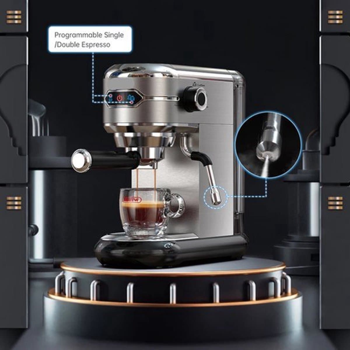 Espressomachine – 20 Bar – Compact Koffiezetapparaat - Semi-Automatisch - 1.1L - 1450W - ESE Pads - en Gemalen Koffie – RVS - Heetwaterfunctie — afbeelding 1