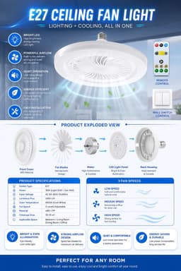 Stille ventilatorlamp voor fitting – Plafondventilatorlamp met schroeffitting, LED-lamp met ventilator, plafondventilator met verlichting en afstandsbediening voor keuken, badkamer, berging en garage (wit) — thumbnail 5