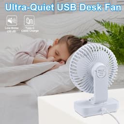 Zakventilator - Draagbare USB-bureauventilator - Ultrastille automatische oscillatie 120° - Krachtige oplaadbare batterij van 4000 mAh - Mini-bureauventilator - 4 snelheden - Kleine ventilator voor thuis, slaapkamer en buiten - Wit — thumbnail 3