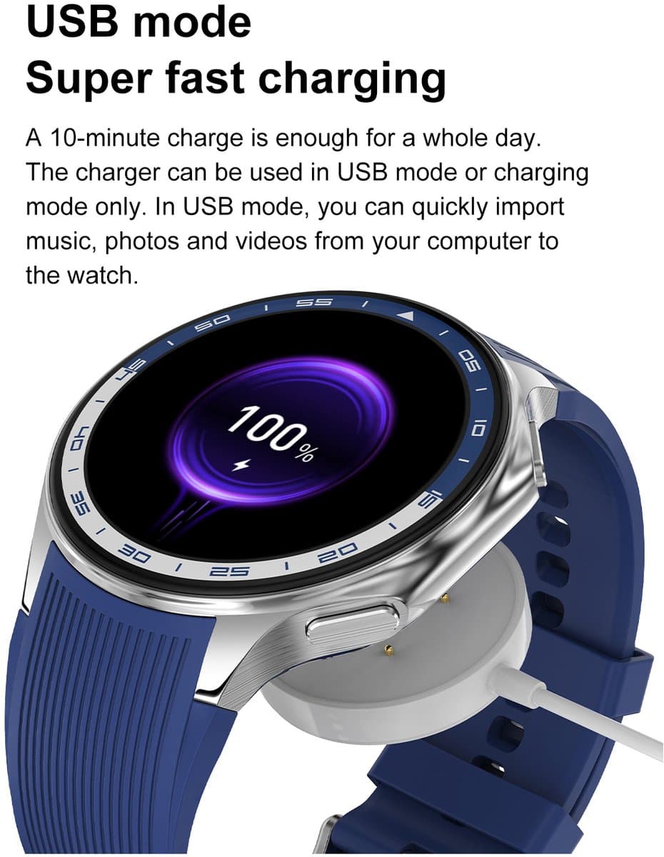 Knobbout 1.43" Scherm AMOLED-scherm met 3D-ontwerp Smartwatch - Slimme opnamefunctie- 4 GB interne opslag - MP4-video-ondersteuning - Ingebouwde kompasfunctie - Zilver staal+ bruin lederen + blauwe siliconen horlogeban — afbeelding 1