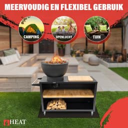 HEAT Buitenkeuken Trolley Zwart – Vuurschaal 60 cm - Mobiele BBQ & Plancha met Snijplank – 117x46x106 cm — thumbnail 4