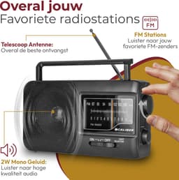 Caliber Noodradio - Draagbare radio - Werkt op batterijen en op Netstroom - Retro radio - FM radio - Keukenradio - Noodradio Denk Vooruit - Handvat - Koptelefoonaansluiting - Zwart (HPG317-B) — thumbnail 5