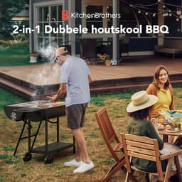 KitchenBrothers 2-in-1 Houtskool BBQ XL - Verstelbare luchtroosters - PFAS Vrij - Dubbele BBQ - Zijtafels - Grillrooster BBQ - Vaderdag Cadeau - Zwart — thumbnail 2