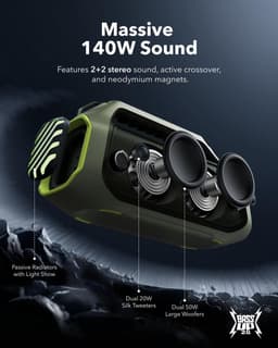 NEW soundcore Anker Boom 2 Plus Buitenluidspreker - Bluetooth - 140W - 2+2 kanalen - BassUp 2.0 - 20 uur - Snel opladen - IPX7 - Waterdicht - RGB-verlichting - USB-C - Powerbank - Voor kamperen - Strand - Tuin - Groen — thumbnail 2