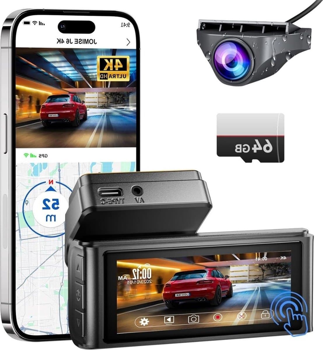 Dual Dashcam - Dashcam Voor Auto 4k - Voor en Achter Camera incl. 64GB SD-kaart – Auto Camera Met Parkeermodus - G-Sensor - App Bediening - Nachtzicht — afbeelding 1