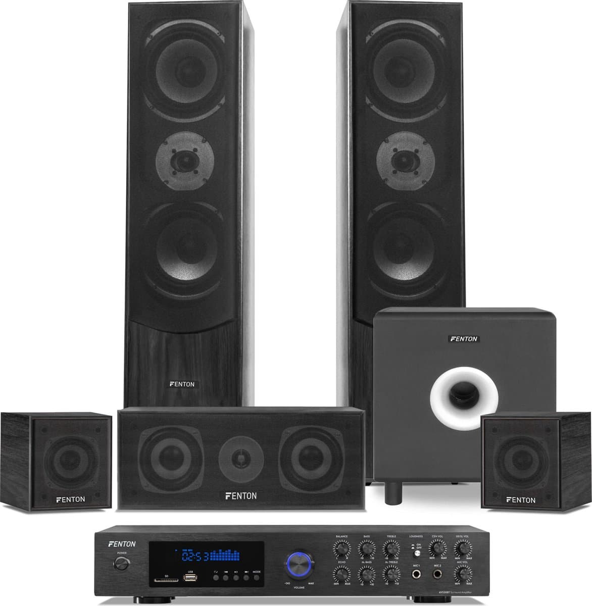 Home Cinema set van Fenton met Bluetooth, 5 speakers (zwart), een 10 actieve subwoofer en — afbeelding 1
