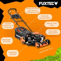 FUXTEC 4-in-1 Benzine Grasmaaier FX-RM5196eSPRO – Elektrische Start – 6 pk – 51 cm Maaibreedte – Flexibele Achterwielaandrijving – 4-Takt – Maaihoogte 25–75 mm – 60 L Grasopvangbak – Mulchfunctie — thumbnail 3