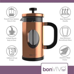 BonVIVO GAZETARO Franse pers koffiemaker - roestvrijstalen cafetière - met glazen kan - koffie zuiger - met filter - handmatige koffiezetter - koperen afwerking - groot - 1L/8 kopjes — thumbnail 2