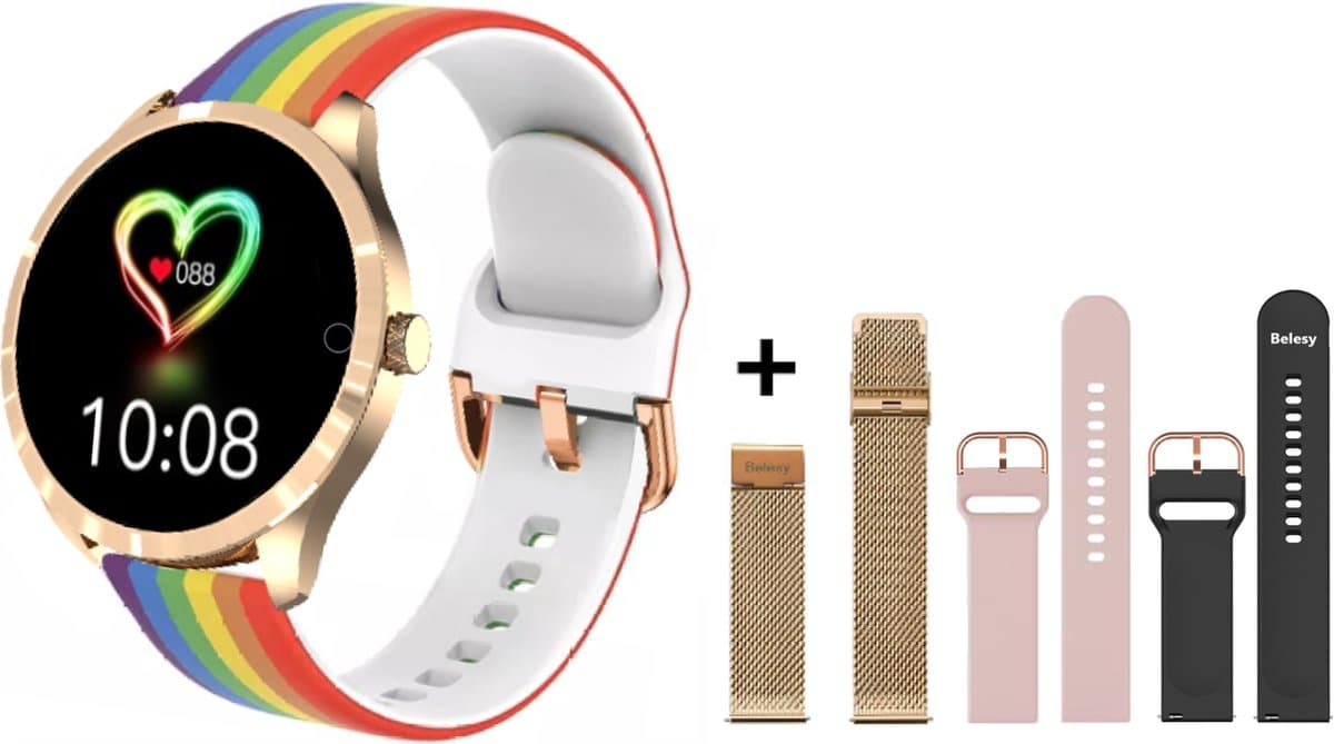 Belesy® BQSiRgRb PLUS - Smartwatch Dames – Smartwatch Heren - Horloge - 1.28 inch - Kleurenscherm - Stappenteller - Bloeddruk - Hartslag - 75+ Wijzerplaten – Sporten – Rose Goud - Milanees staal - Siliconen – Regenboog – Roze - Zwart - Kerstcadeau — afbeelding 1