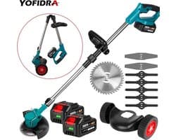 Yofidra - Grasmaaier elektrisch - Grasmaaier accu - Grastrimmer - Opvouwbaar - Draadloos - 2x Makita 18V batterij - lichtblauw