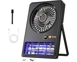 Tafelventilator-draagbare ventilator-bureau ventilator-buiten ventilator-draagbare oplaadbare ventilator - Ventilator met muggenlamp - 90° kantelbaar en inklapbaar - 5 instelbare snelheden - Geschikt voor bureaus, slaapkamers en kamperen - Zwart