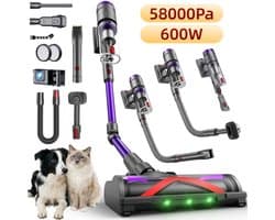 Draadloze Accustofzuiger 58 kPa met Dierenborstel en Haartrimmer – 75 Min Looptijd, LED-display, 6-traps Filtratie, Flexibele Slang, 1,6 L Stofreservoir