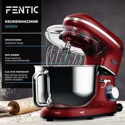 Krachtige Keukenmachine - 2000W - RVS Mengkom (6,2 L) - Multifunctionele Mixer met Garde, Deeghaak en Menghaak - Inclusief Extra Accessoires - Rood — thumbnail 4