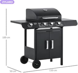Gasbarbecue - Gasbarbecue en grill - 3 Branders + 1 Zijbrander - Met Thermometer, Opbergplank en Warmhoudplaten - Zwart — thumbnail 4