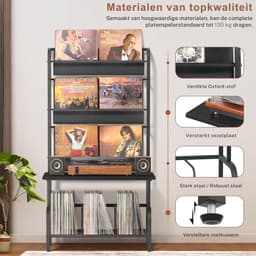 SNJY® Platenspeler Meubel - Platenspeler Kast - LP Houder - Platenhouder - 30D x 70B x 144H cm - Zwart — thumbnail 4