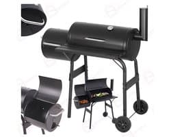 Grote Houtskool Barbecue met Roker – 2-in-1 BBQ & Smoker-grill – Met Deksel, Thermometer, Zijplank & Wielen – Vatmodel –barbecue –bbq houtskool – 51802